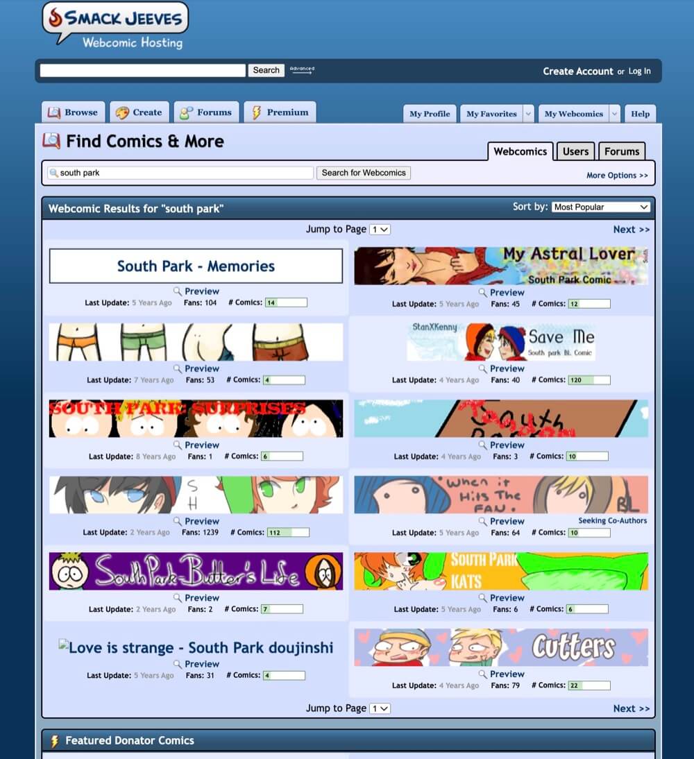 Screenshot of SmackJeeve’s search result for “south park”. It’s full of boy’s love comics.