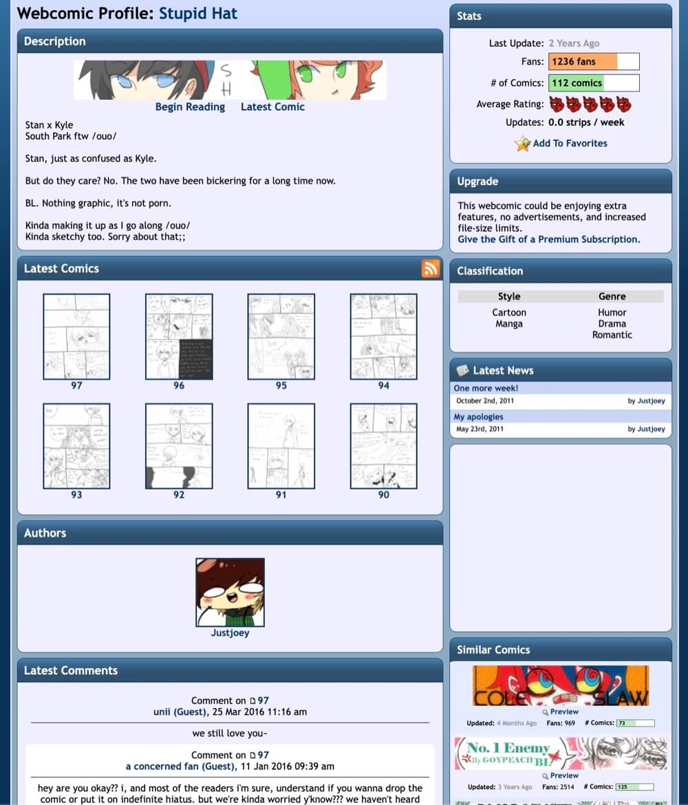 Screenshot of the webcomic profile for “Stupid Hat.”