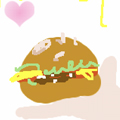 A messy Tuxpaint drawing of Reimu laying on a pile of burgers