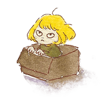 A drawing of a little guy sitting in carboard box